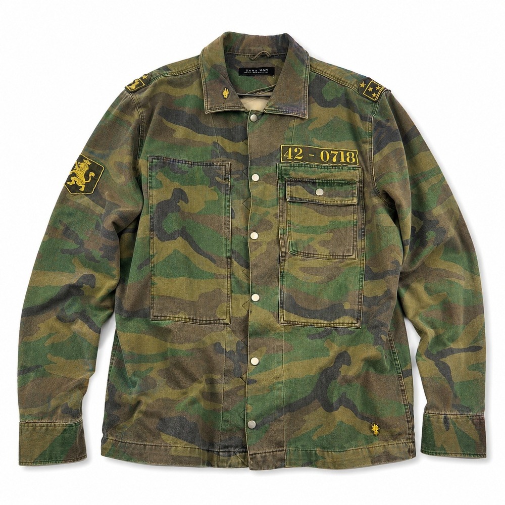 Zara Man Camo Military Field Jacket Cotton Utility Overshirt Men's Large